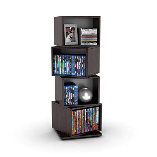 Media Storage Tower for CDs/DVDs Features Four Rotating Cubes, Adjustable Shelves, Space-saving Storage and Non-marring Rubber Feet, Wood Grain Finish, Perfect for Home’s Interior