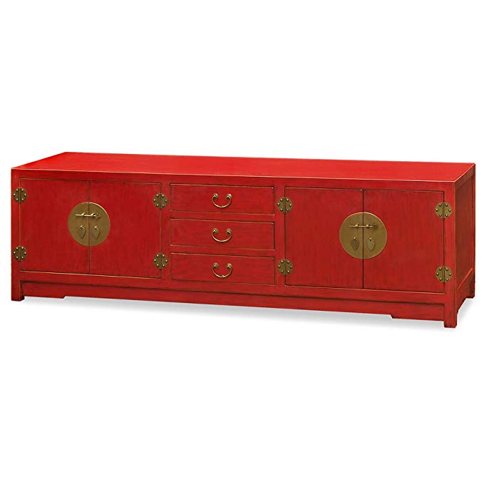 China Furniture Online Elmwood Sideboard, 72 Inches Ming Style Media Cabinet Distressed Red Finish