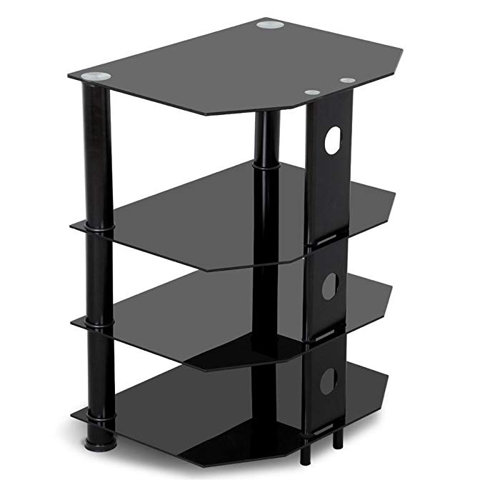 go2buy 4 Tier Black Glass Media Component Stand Audio Rack with Cable Management, Storage for Xbox, Playstation, Cable Boxes