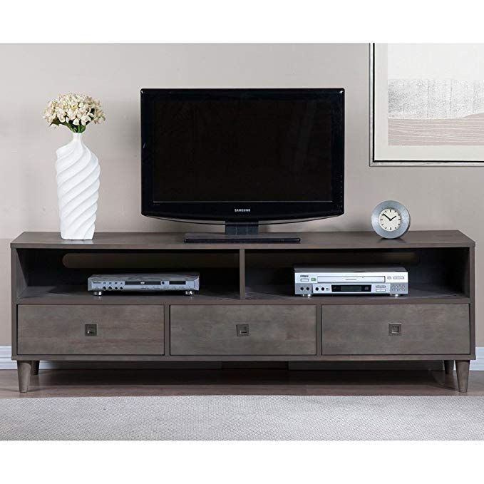 ModHaus Living Mid Century Modern Gray Wood TV Stand Entertainment Center with 3 Drawers and 2 Open Shelves - Includes Pen