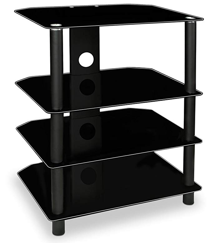 Mount-It! AV Component Media Stand, Glass Shelves, Audio Video Components, Storage for Xbox, Playstation, Speakers, Cable Boxes, 88 Lb Load Capacity, Black Silk (Mi-867)