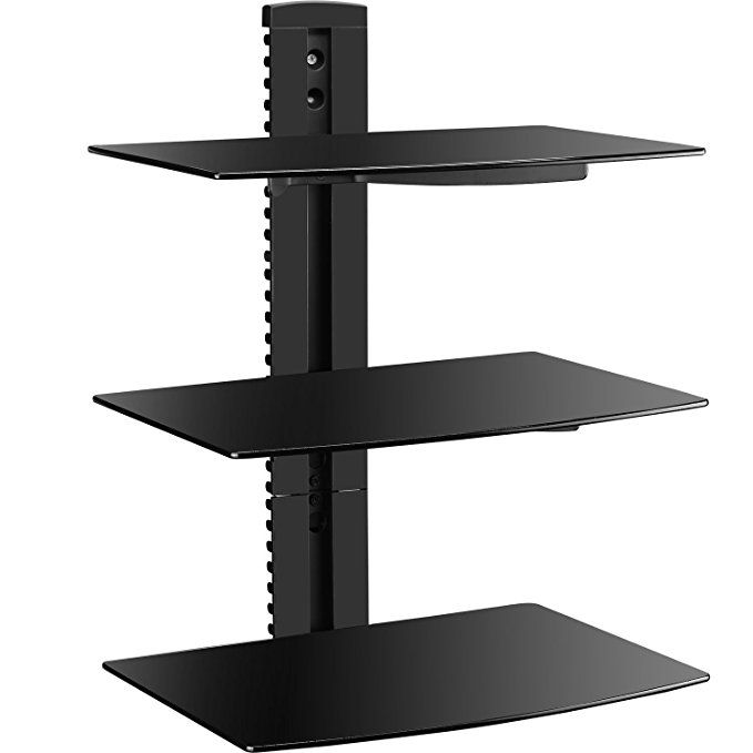 WALI Floating Wall Mounted Shelf with Strengthened Tempered Glasses for DVD Players/Cable Boxes/Games Consoles/TV Accessories (CS303), 3 Shelf, Black