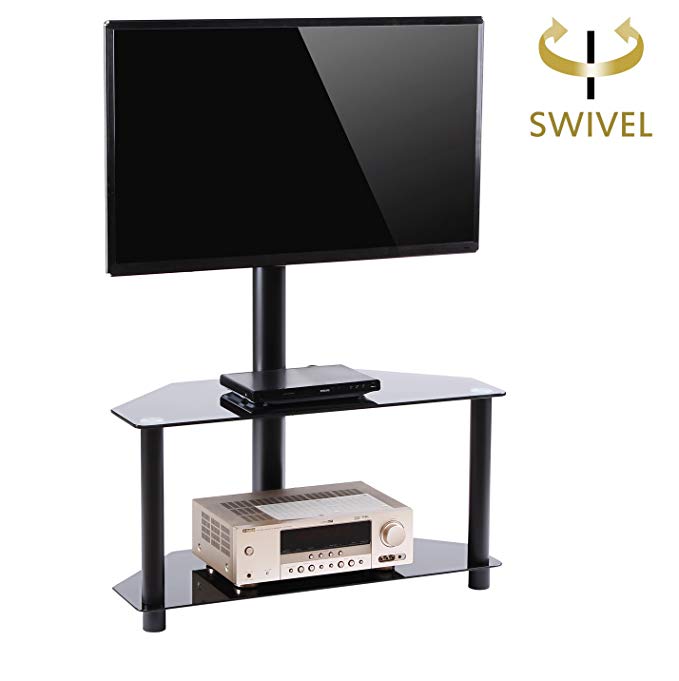 Rfiver Black Corner Floor TV Stand with Swivel Mount Bracket for 32-55 inches Plasma LCD LED Flat or Curved Screen TVs, 2-Tier Tempered Glass Shelves for Audio Video, TW2001