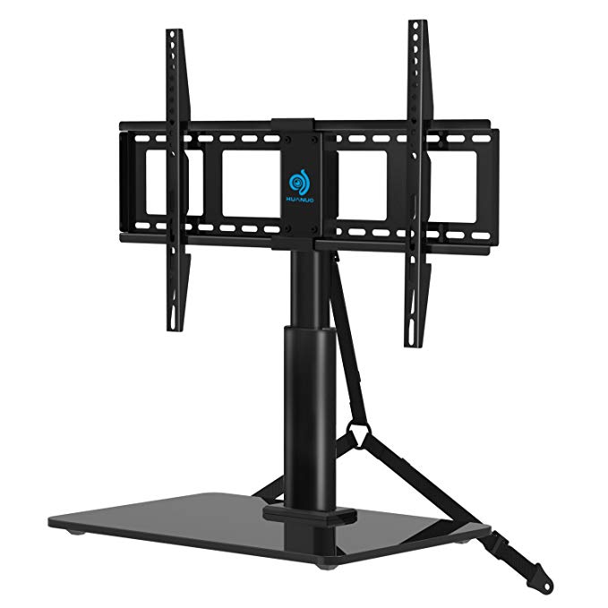 HUANUO HN-TVS03 Universal Adjustable Table Top TV Stands for 32 to 60 Inch Televisions with 70 Degree Swivel & 4 Level Height Alignment, Tempered Glass Base, Anti-Tip Safety Strap, Black