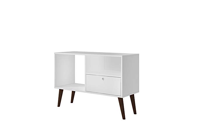 Manhattan Comfort Bromma Collection Mid Century Modern TV Stand With Open Cubby Space and One Drawer With Splayed Legs, White