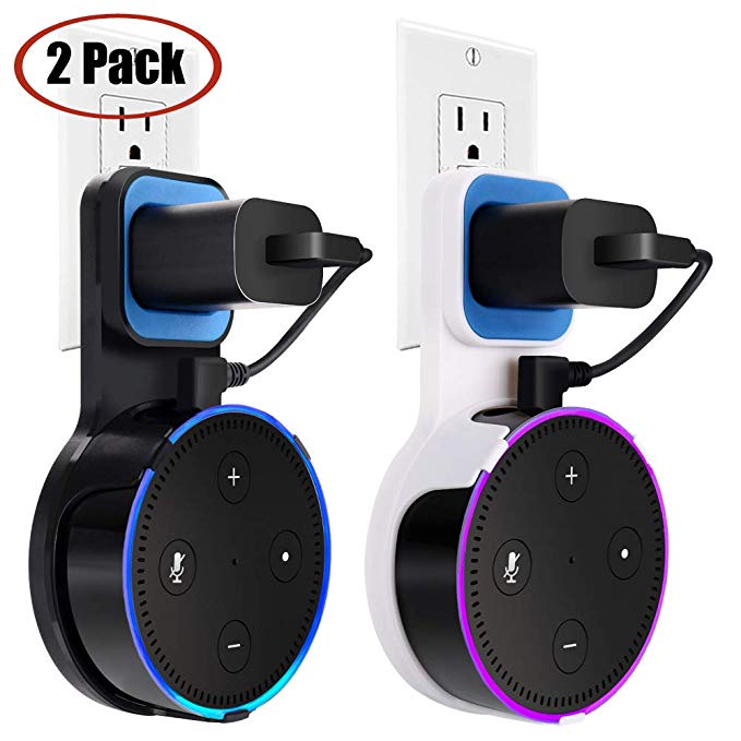 Wall Mount Case Holder Stand for Alexa Dot 2nd Generation/Dot Kids Edition TOOVREN Space-Saving Hanger for Smart Home Speakers - Short Charging Cable Included (2 Pack)