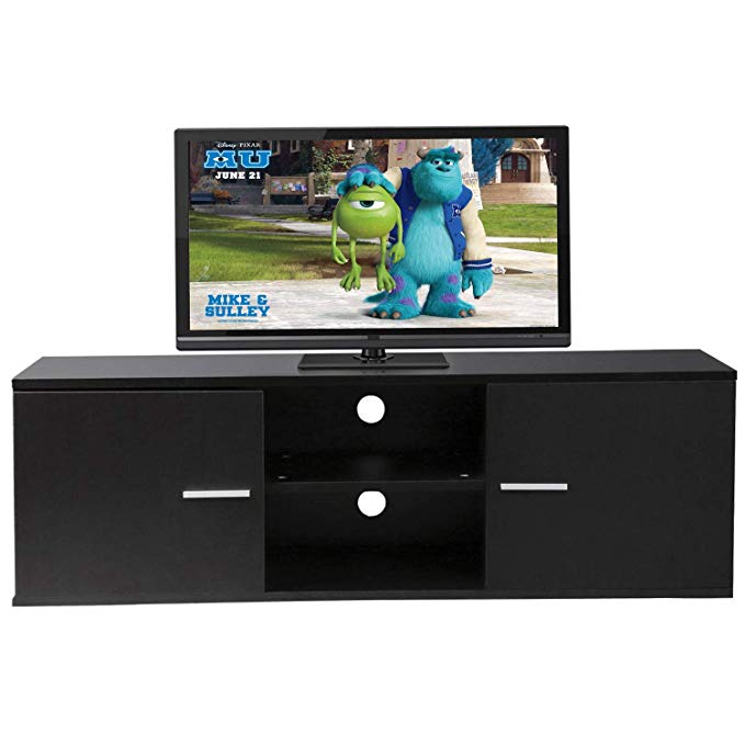 Modern TV Stand Wood Storage Console Entertainment Center w/ 2 Doors and Shelves Black Finish