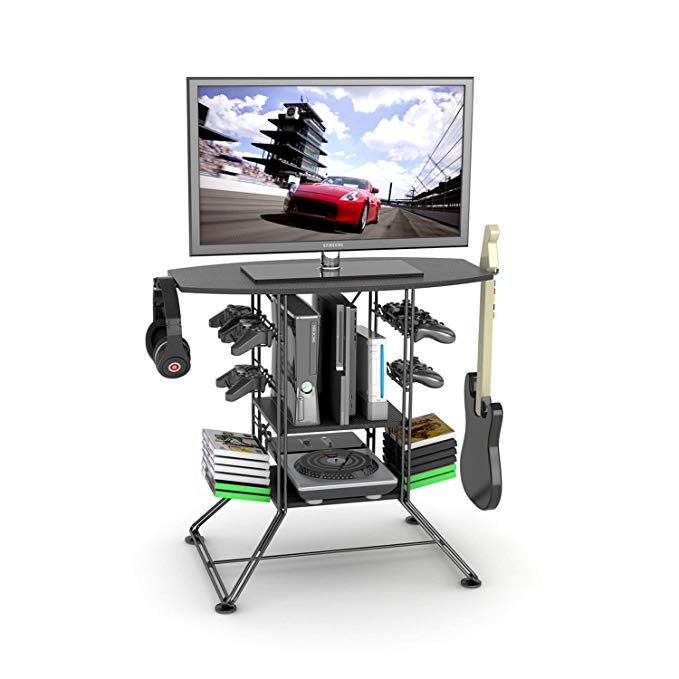 Centipede Game Storage and TV Stand with Black Carbon Fiber Top and Black Steel