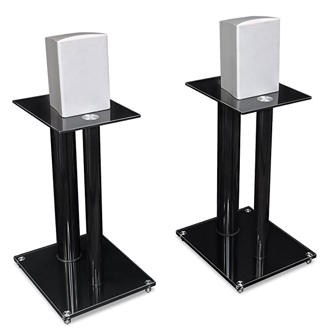 Mount-It! Speaker Stands for Book Shelf and Surround Sound Speakers, Universal Fit, Premium Dual Pillar Aluminum and Tempered Glass, Black (MI-28)
