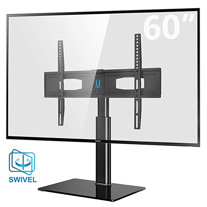 FITUEYES Universal Table Top TV Stand 32 to 60 Inch TVs 45 Degree Swivel, 6.2 Inch Height Adjustment,Tempered Glass Base,Hold up to 66lbs Screens