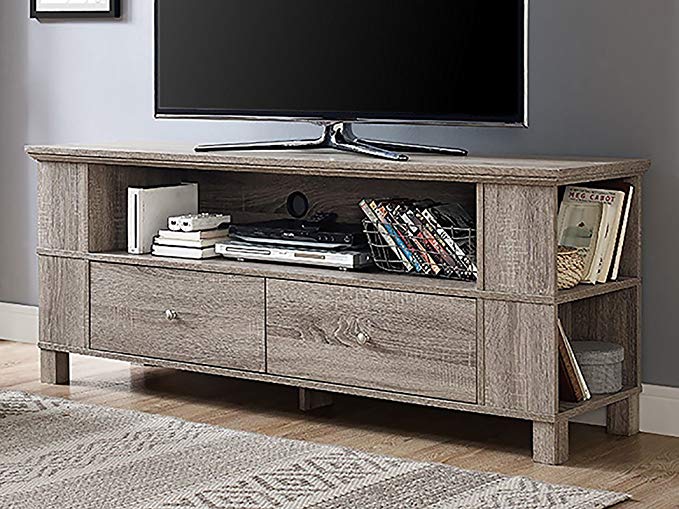 New 59 Inch Wide Driftwood Finish Tv Stand with Drawers and Side Storage