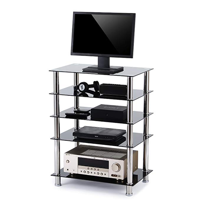 Rfiver 5-Tier Black Glass Audio Video Tower for TV, Xbox, Gaming Consoles, Media Component,Streaming Devices, HF1002