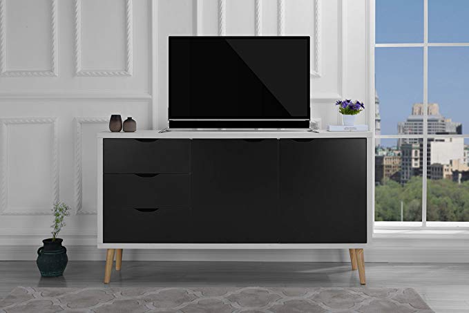 Modern Wooden TV Stand, Cabinet with Drawers (Dark Grey/White)