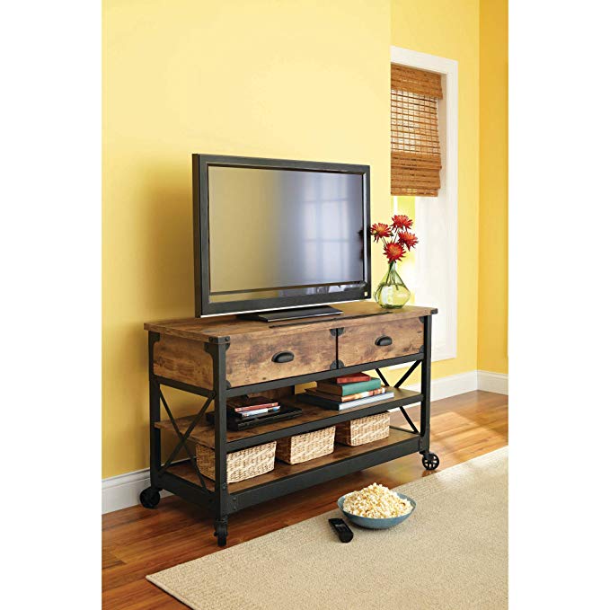 Sturdy Wooden Rustic Country Antiqued Black/Pine Panel TV Stand for TVs up to 52