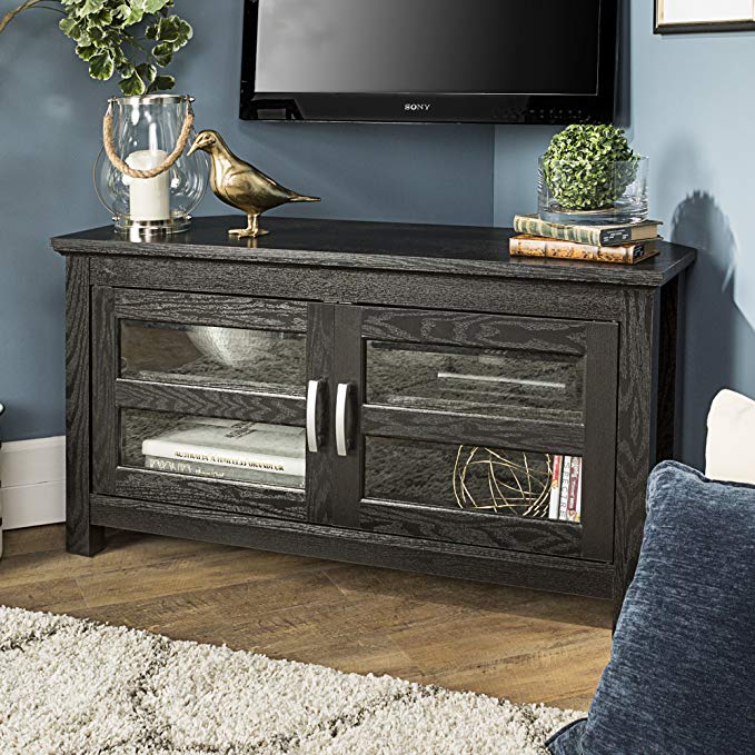 New 44 Inch Wide Corner TV Stand, Black Finish and Glass Doors