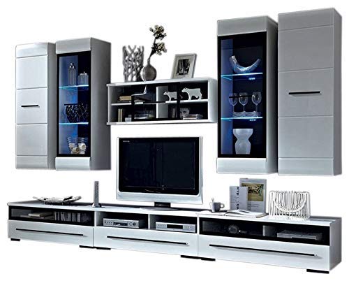 MEBLE FURNITURE & RUGS Wall Unit Modern Entertainment Center with LED Lights TV Stand, High Gloss White