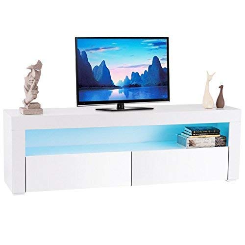 TANGKULA Modern TV Stand High Gloss Media Console Cabinet Entertainment Center with LED Shelf and Drawers (White)
