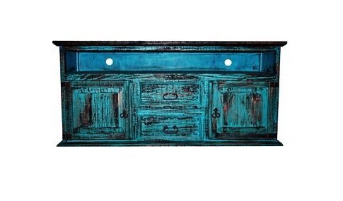 2 Door 2 Drawer TV STAND Turquoise Scraped Western Rustic Flat Screen Console Review