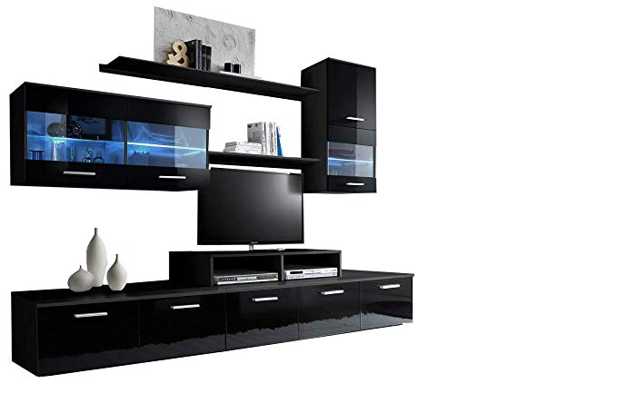 Paris Contemporary Design 74.8x98.4x17.7-Inch Wall Unit with LED, Black