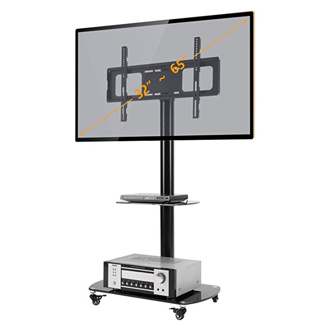 Rfiver Tall Mobile TV Floor Stand/Cart with Shelves and Lockable Caster Wheels for Most of 32 37 42 47 50 55 60 65 inch TVs and Curved TVs, Swivel Mount Bracket and Height Adjustment TF8001