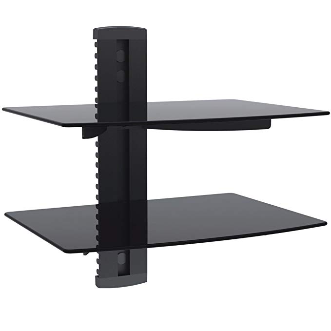 VonHaus 2x Black Floating Shelves with Strengthened Tempered Glass for DVD Players/Cable Boxes/Games Consoles/TV Accessories