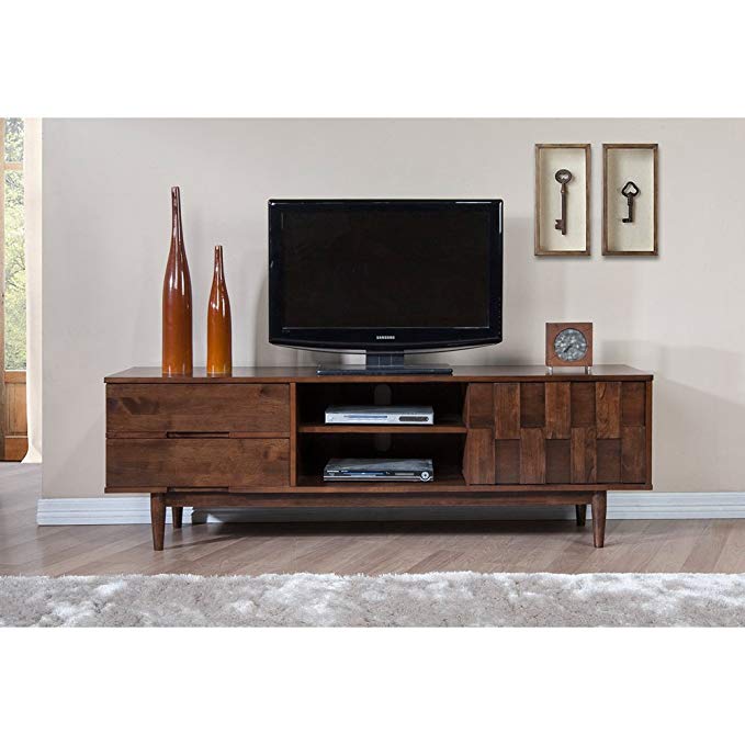 Mid Century Danish Style Wooden 70 in. Media Console TV Stand in Rich Medium Brown Finish with 2 Drawers - Includes Modhaus Living pen