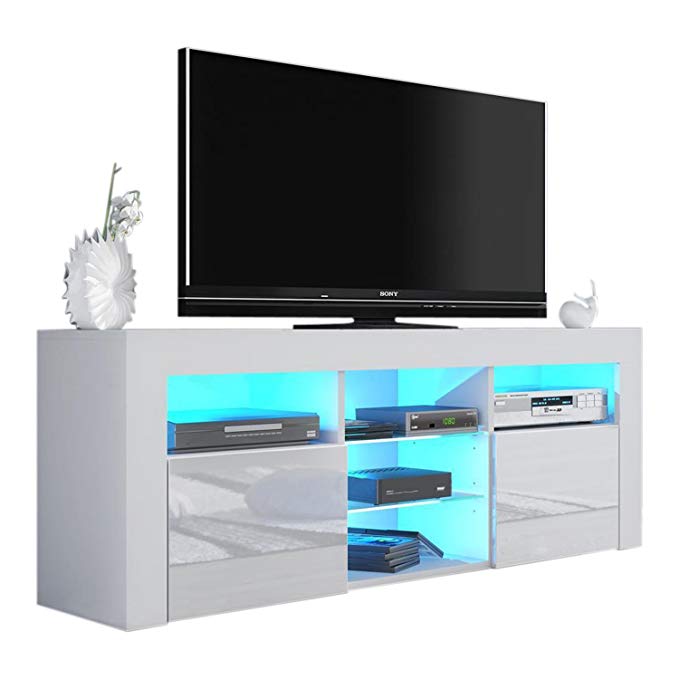 MEBLE FURNITURE & RUGS Milano 145 Modern TV Stand Matte Body High Gloss Fronts (White)
