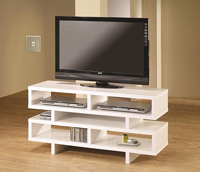 Modern style white finish wood step style shelves TV stand entertainment center
