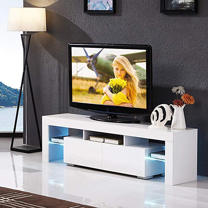 Mecor White TV Stand with LED Lights, 63 Inch TV Console Cabinet with Storage 2 Drawers for Living Room Modern Furniture,White