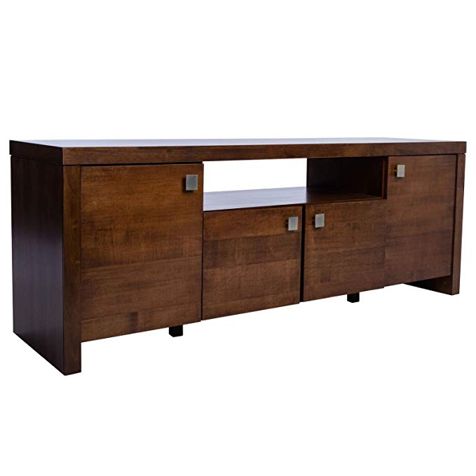 Mid-Century Modern TV Stand Provides Style And Function. 63-Inch Entertainment Center Showcases Open Shelving And Four Cupboards. Media Cabinet Console In Rustic Brown Hardwood Creates Timeless Feel.