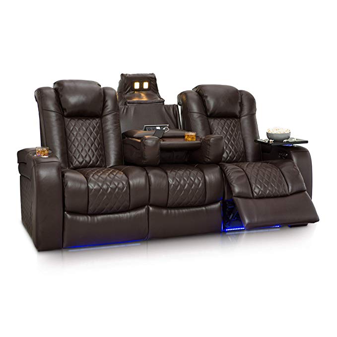 Seatcraft Anthem Home Theater Seating Leather Multimedia Power Recline Sofa with Fold-Down Table, Adjustable Powered Headrests, Storage, AC/USB and Wireless Charging and Cup Holders, Brown