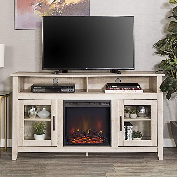 New 58 Inch Wide Highboy Fireplace Television Stand in White Oak Finish