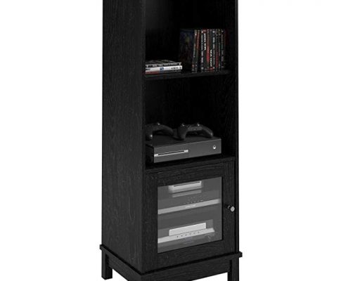Media Storage Bookcase Tower Multimedia Organizer Shelf Cabinet Sliding Glass Doors and Contemporary Clean Line Aesthetics with Dimensions: 19.69″L x 15.69″W x 53.81″H, (1, Black) Review