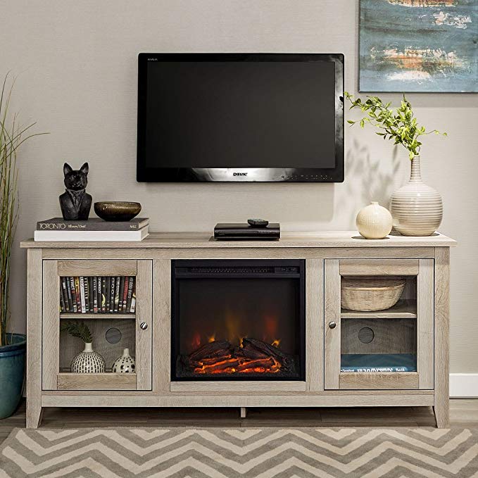 New 58 Inch Wide Television Stand with Fireplace in White Oak Finish