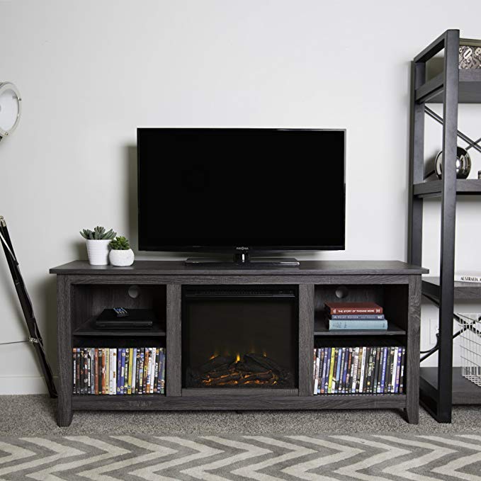 New 58 Inch Wide Charcoal Colored Television Stand with Fireplace Insert