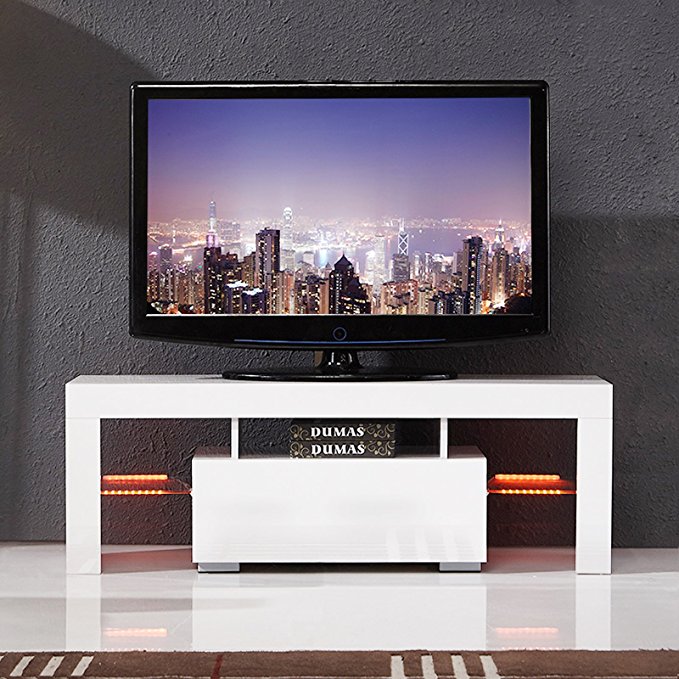 SUNCOO High Gloss White LED TV Stand Media Console Cabinet LED Shelves with Drawers for Living Room Storage for 51-inch TV Screen