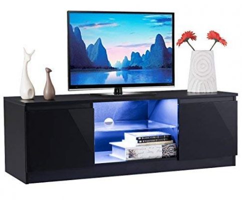 TANGKULA Modern TV Stand High Gloss Media Console Cabinet Entertainment Center with LED Shelves (Black) Review
