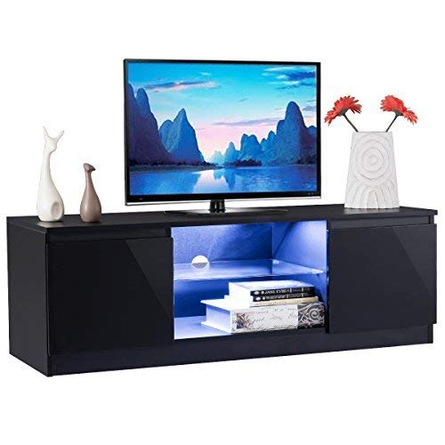 TANGKULA Modern TV Stand High Gloss Media Console Cabinet Entertainment Center with LED Shelves (Black)