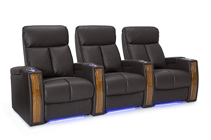 Seatcraft Seville Home Theater Seating Leather Power Recline with SoundShaker, in-arm Storage, Base Lighting, and Lighted Cup Holders (Brown, Row of 3)