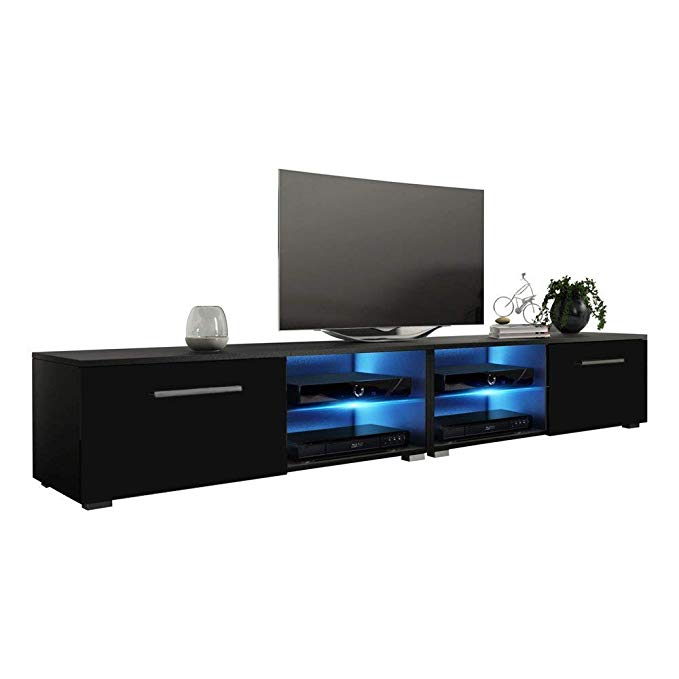 MEBLE FURNITURE & RUGS New Moon Modern TV Stand Matte Body High Gloss Doors with 16 Color LED (Black, 81