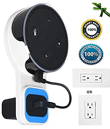 Outlet Wall Mount Hanger Stand Case with Mini USB Cable for Echo Dot, Cleanly Hang Echo Dot on Wall Outlet Vertical Horizontal, No Messy Wires or Screws, Kitchen, Bathroom, 2nd Generation (White)
