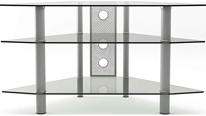 Gibson Living Ruby 44 Inch Corner Glass TV Stand Silver and Clear Glass