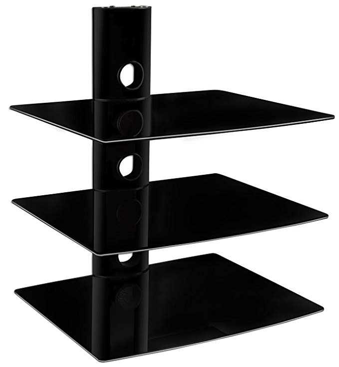 Mount-It! MI-803 Floating Wall Mounted Shelf Bracket Stand for AV Receiver, Component, Cable Box, Playstation4, Xbox1, VCR Player, Blue Ray DVD Player, Projector, Load Capacity 66 lbs, Three Shelves, Tinted Tempered Glass