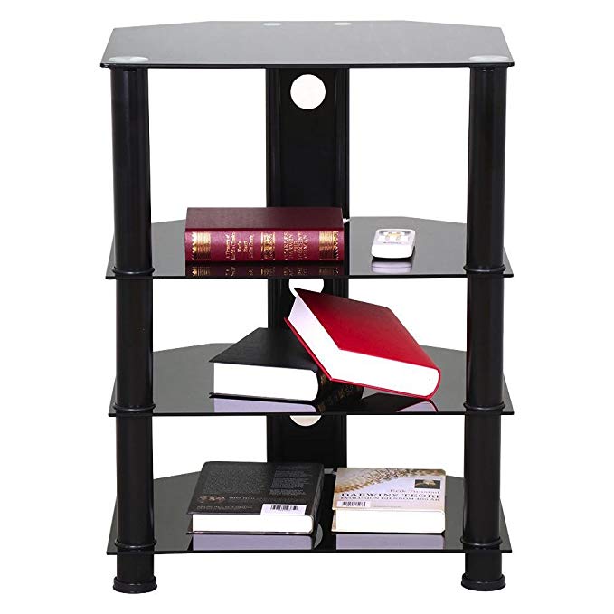 Topeakmart 4 Tier Corner TV Stand with Cable Management Black Glass Media Storage Tower Shelves