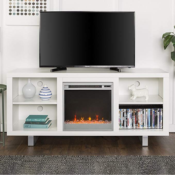 New 58 Inch Wide Simple Modern Fireplace Television Stand in White Finish