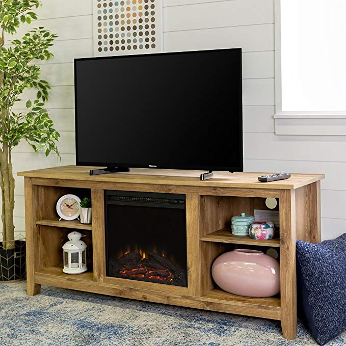 New 58 Inch Wide Honey Colored Television Stand with Fireplace Insert