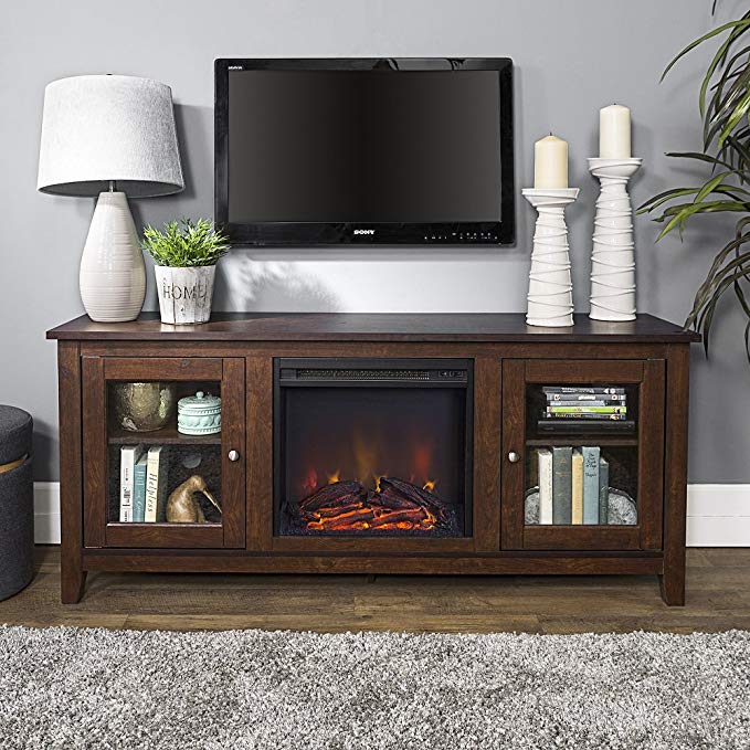 New 58 Inch Wide Television Stand with Fireplace in Traditional Brown Finish