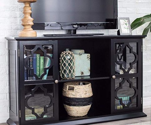 ModHaus Living Modern Moroccan Black Quatrefoil TV Stand Media Cabinet with Glass Doors – Includes Pen Review