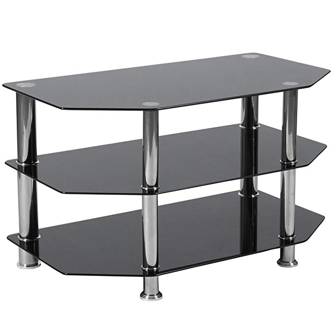 Flash Furniture North Beach Black Glass TV Stand with Stainless Steel Metal Frame