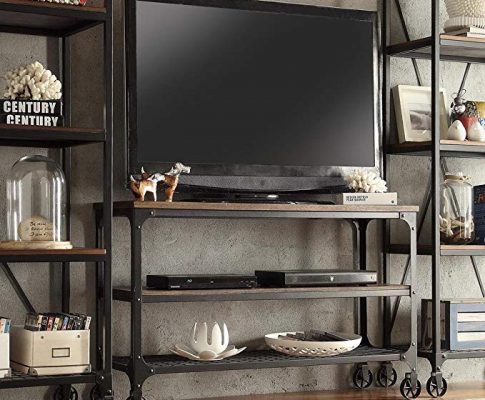 ModHaus Living Modern Industrial Rustic Riveted Black Metal & Wood TV Stand with Decorative Wheels – Includes (TM) Pen (65) Review